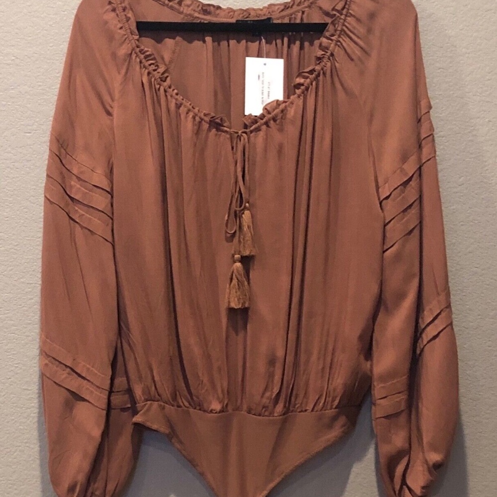 Women's Boutique Wishlist Rust Ruffled Tassel Blouse One Piece Bodysuit S/M/L